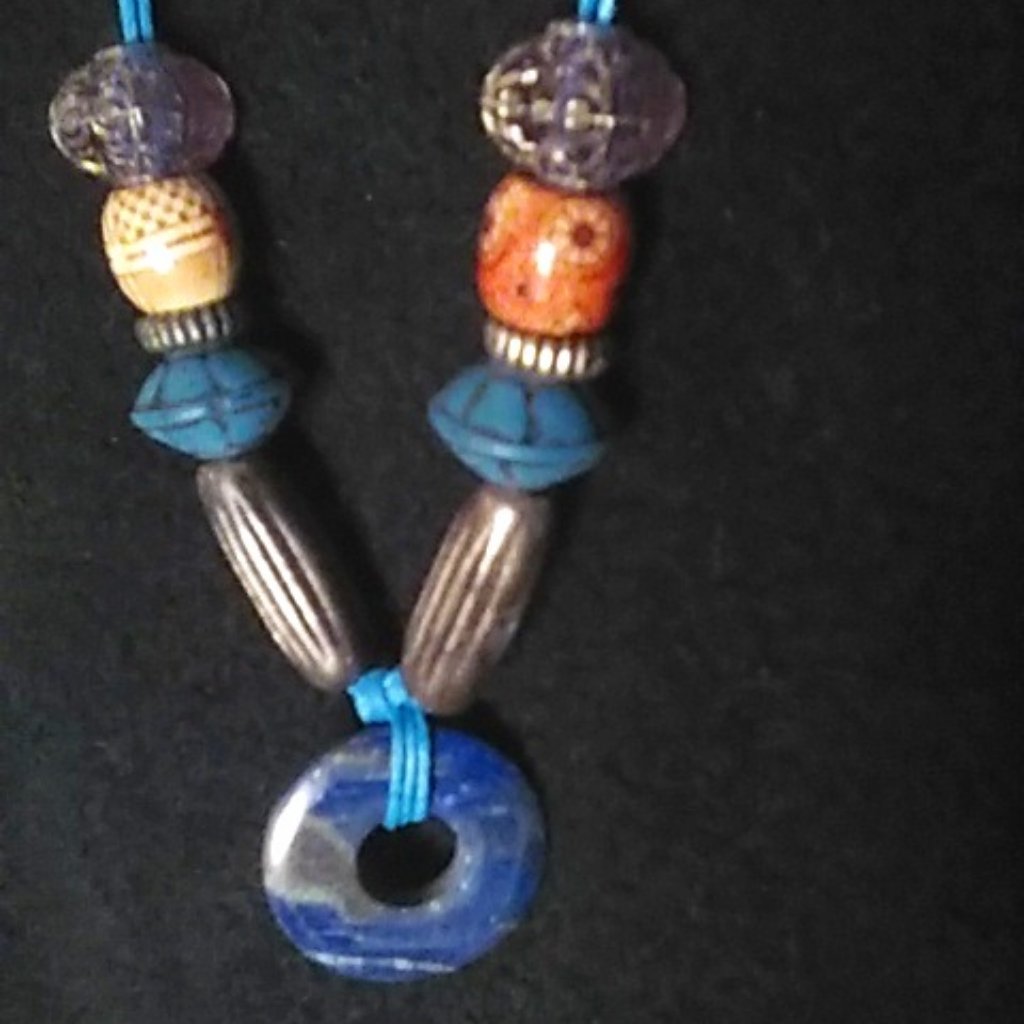 Necklace Dark Blue Round Stone Vintage Beads Turquoise Cord Handcrafted